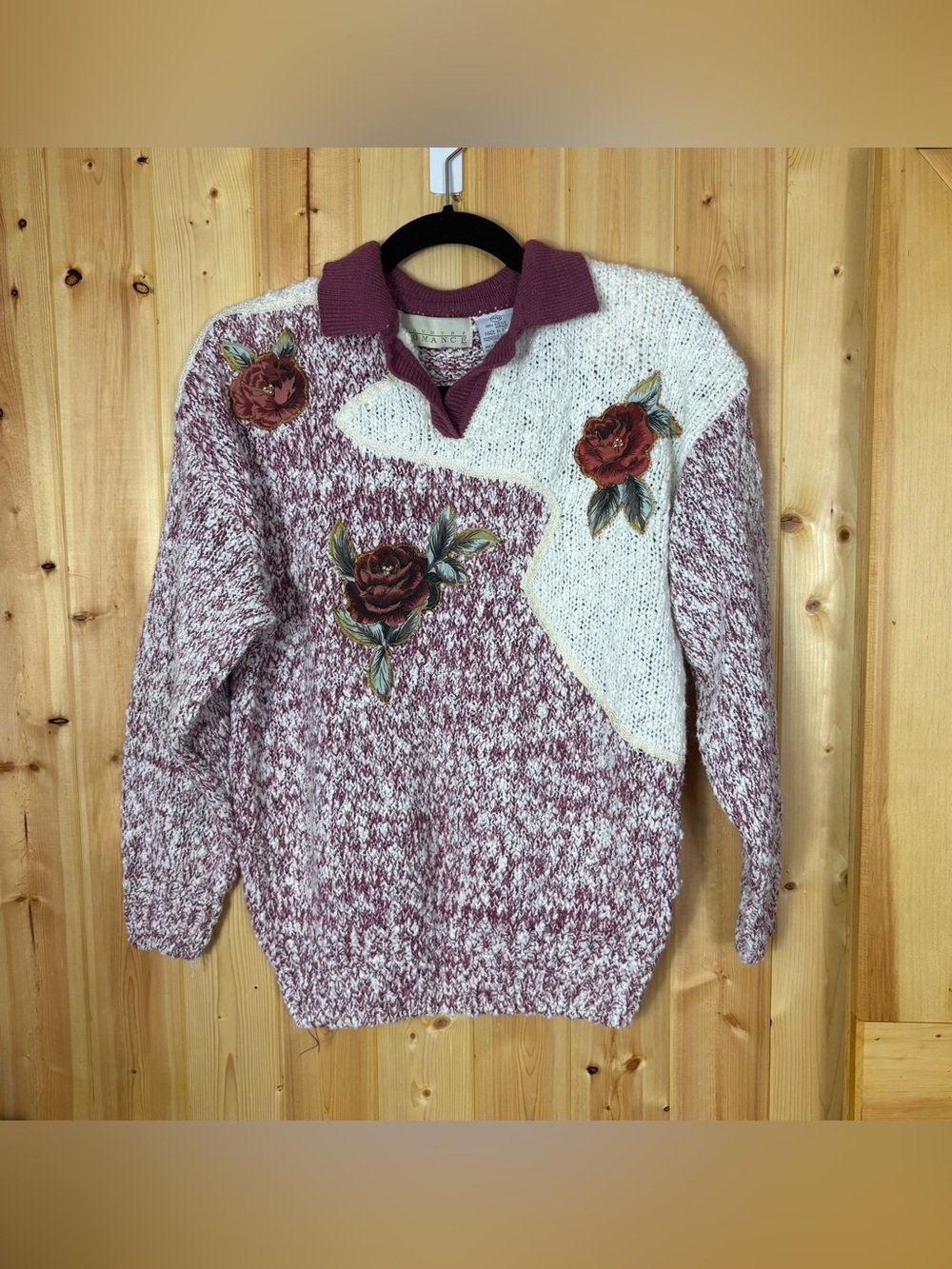 Vintage Country Romance Sweater Womens M Floral Rose Cottagecore Granny Knit 90s